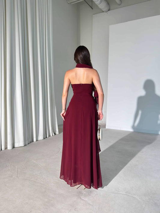 Burgundy Lauren Maxi with Shawl and Pleat Detail Dress