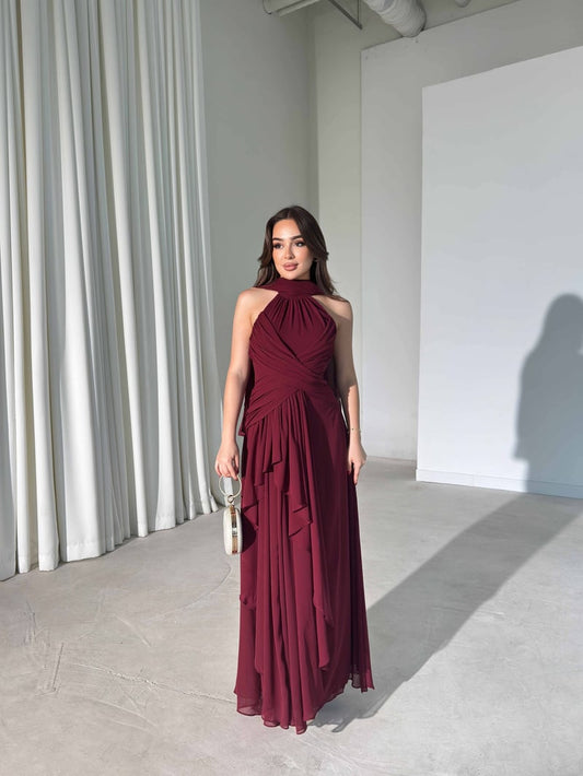 Burgundy Lauren Maxi with Shawl and Pleat Detail Dress