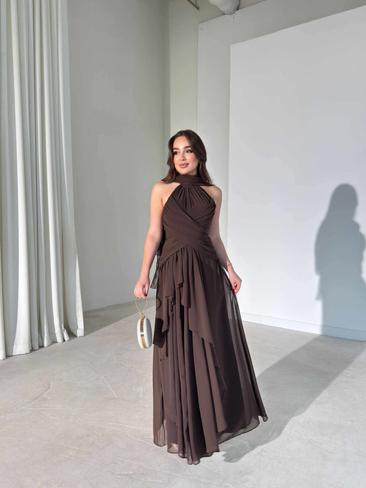 Brown Lauren Maxi with Shawl and Pleat Detail Dress