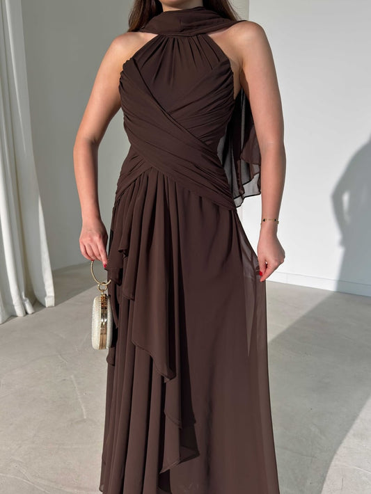 Brown Lauren Maxi with Shawl and Pleat Detail Dress