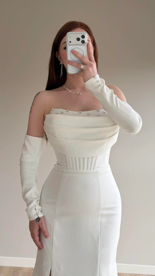 Lina's Embellished Evening in White Dress