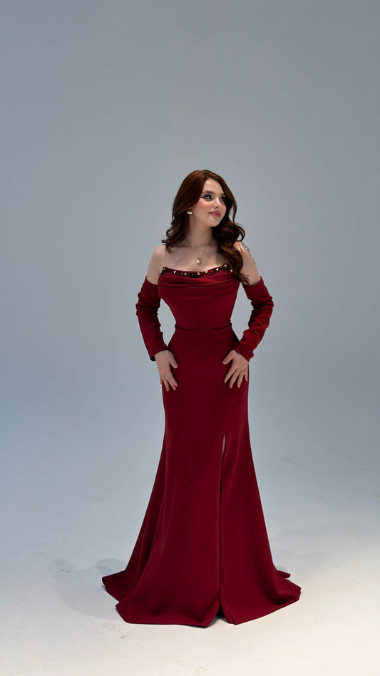 Lina's Embellished Evening in Bordo Dress