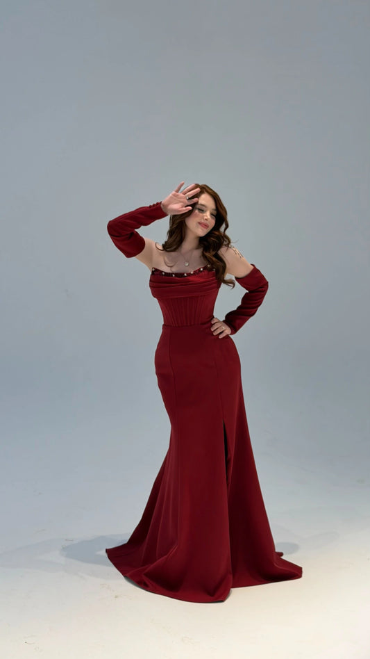 Lina's Embellished Evening in Bordo Dress