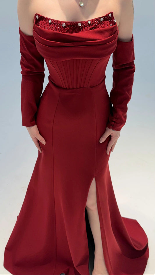 Lina's Embellished Evening in Bordo Dress