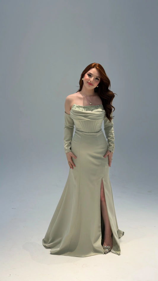 Lina's Embellished Evening in Pistachio Green Dress