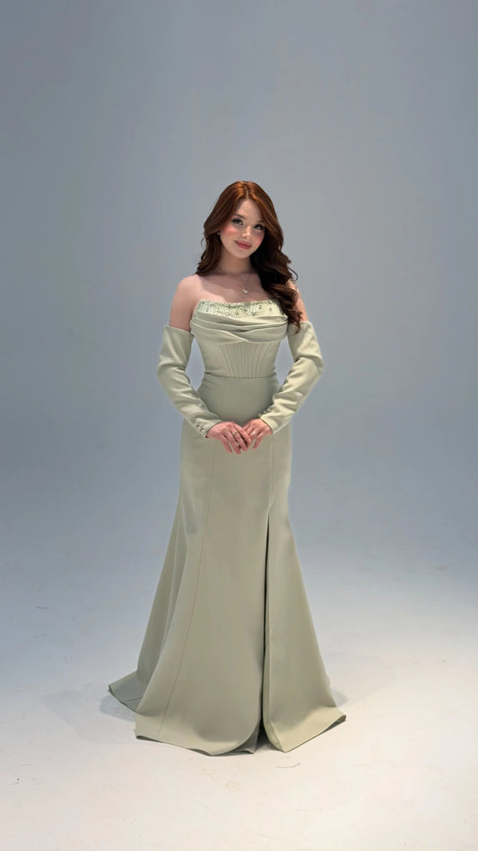 Lina's Embellished Evening in Pistachio Green Dress