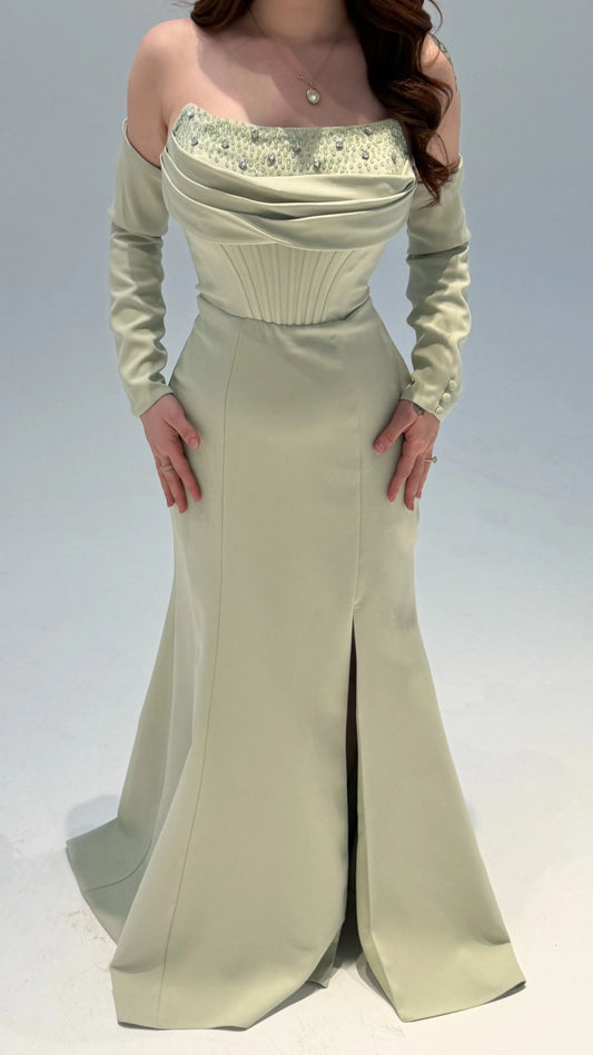 Lina's Embellished Evening in Pistachio Green Dress