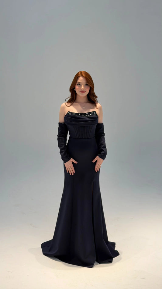 Lina's Embellished Evening in Navy Blue Dress