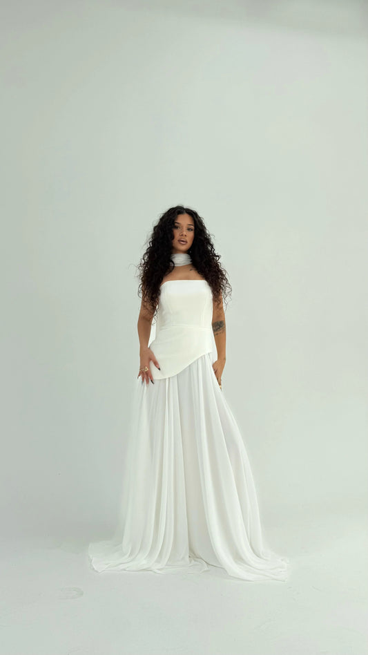 Luna Chiffon Evening with Scarf White Dress