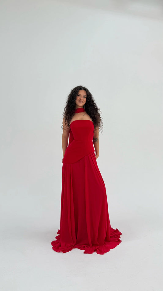 Luna Chiffon Evening with Scarf Red Dress