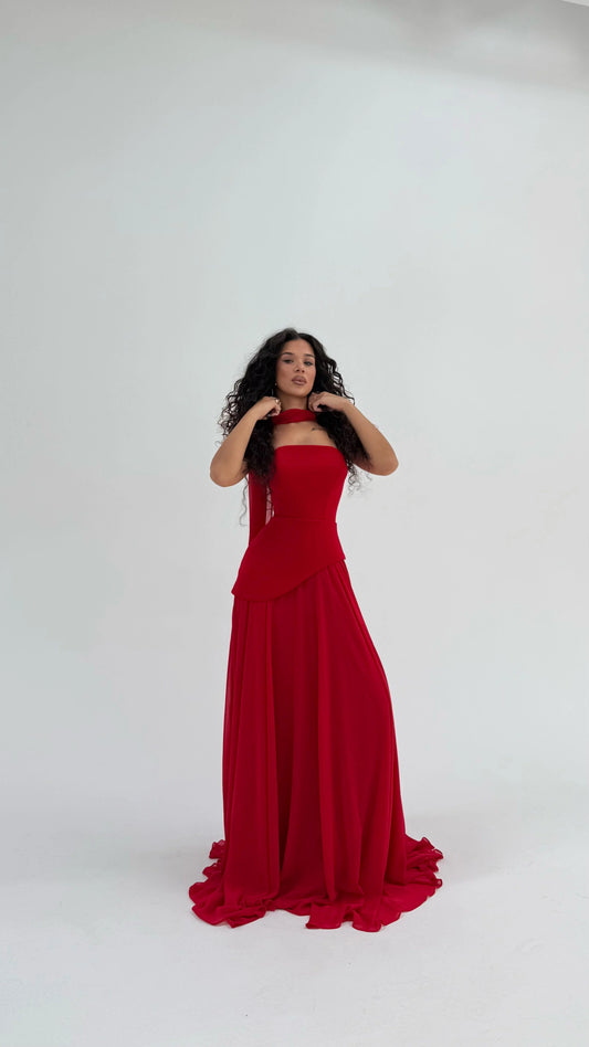Luna Chiffon Evening with Scarf Red Dress