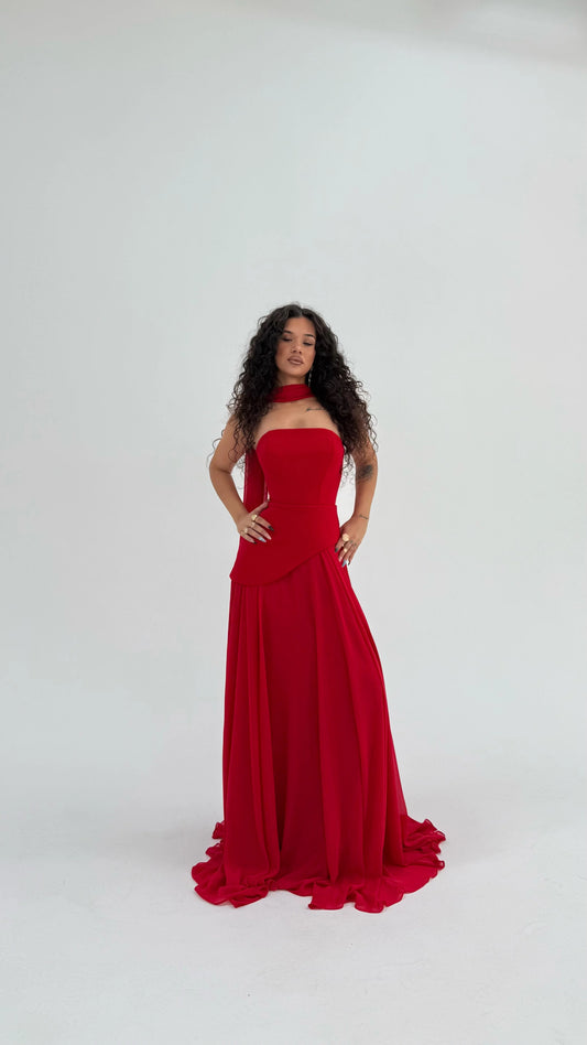 Luna Chiffon Evening with Scarf Red Dress