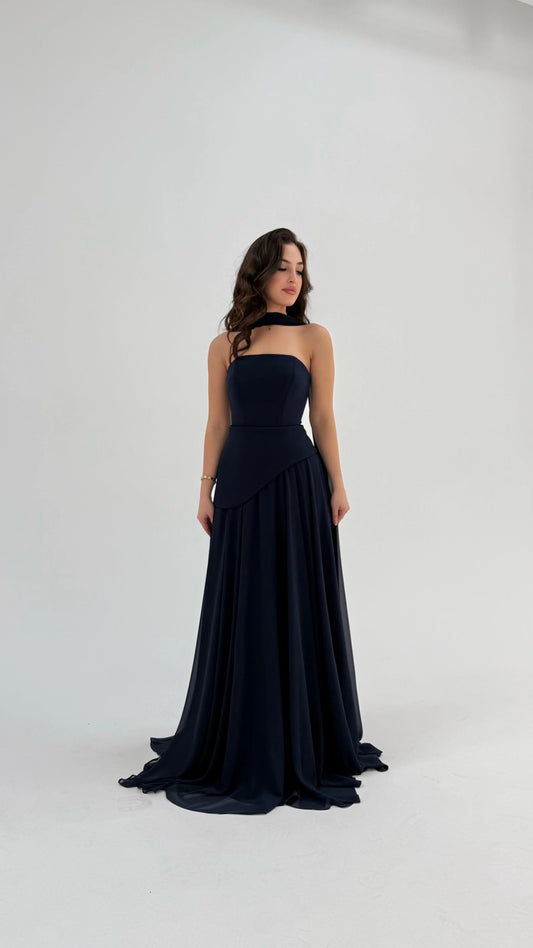 Luna Chiffon Evening with Scarf Navy Blue Dress