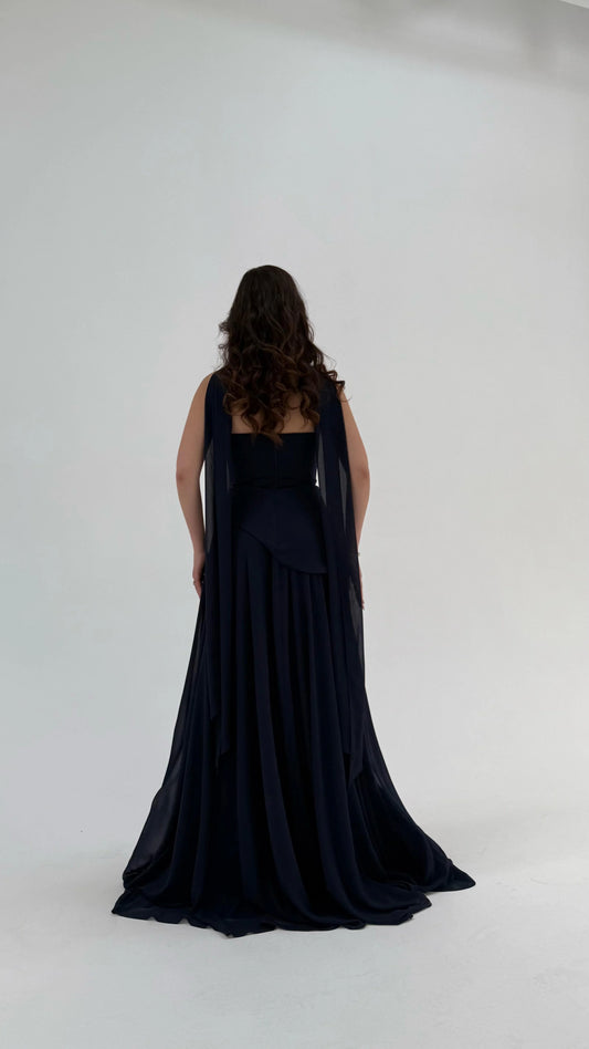 Luna Chiffon Evening with Scarf Navy Blue Dress