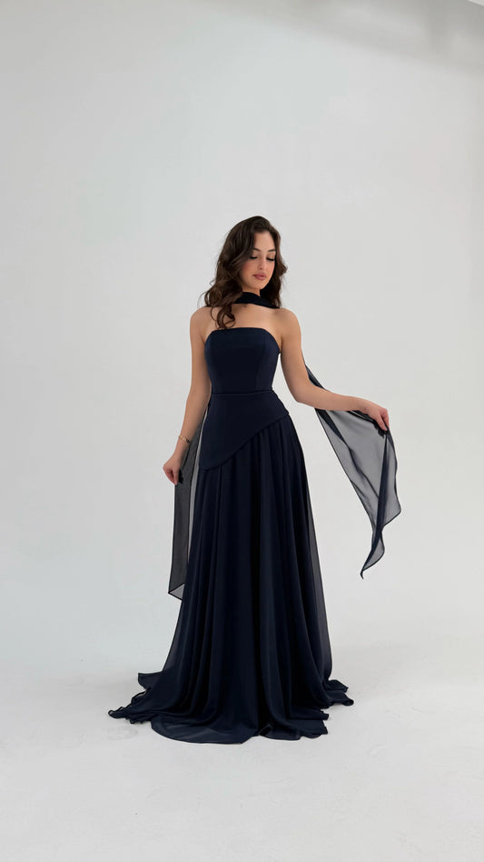 Luna Chiffon Evening with Scarf Navy Blue Dress