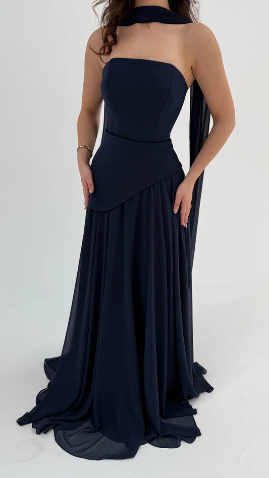 Luna Chiffon Evening with Scarf Navy Blue Dress