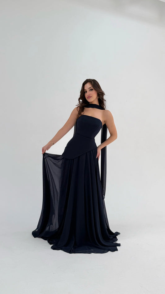 Luna Chiffon Evening with Scarf Navy Blue Dress