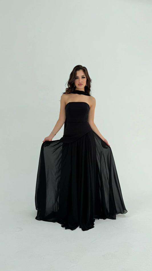 Luna Chiffon Evening with Scarf Black Dress