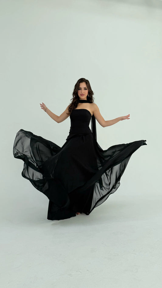 Luna Chiffon Evening with Scarf Black Dress