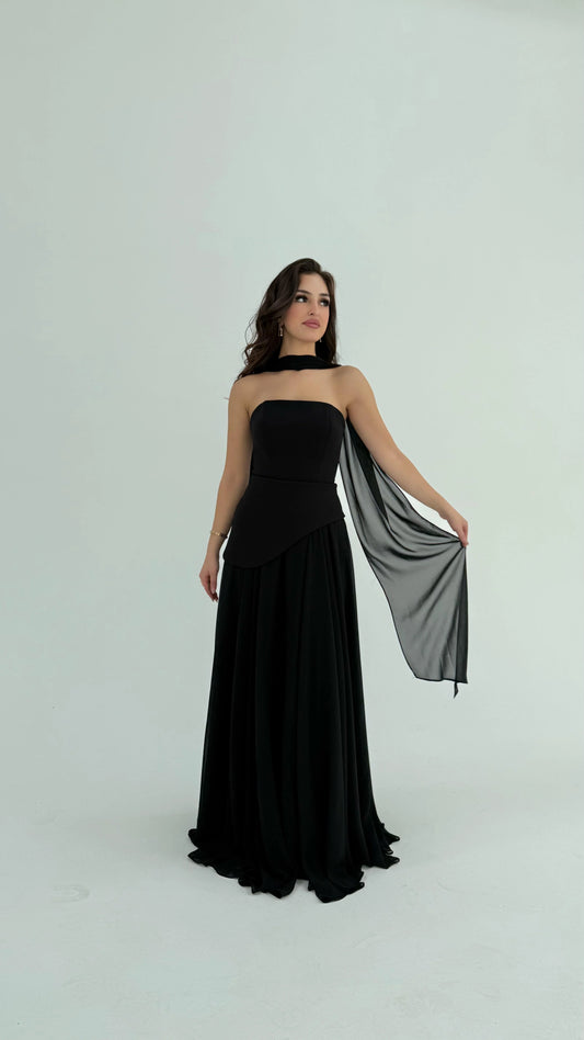 Luna Chiffon Evening with Scarf Black Dress