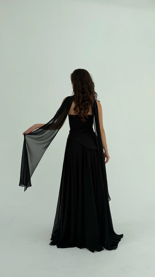 Luna Chiffon Evening with Scarf Black Dress