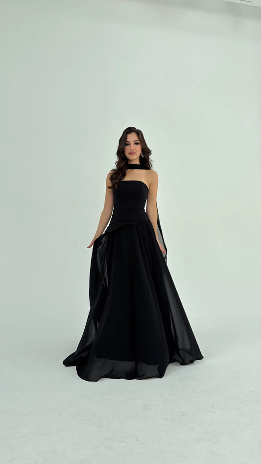Luna Chiffon Evening with Scarf Black Dress
