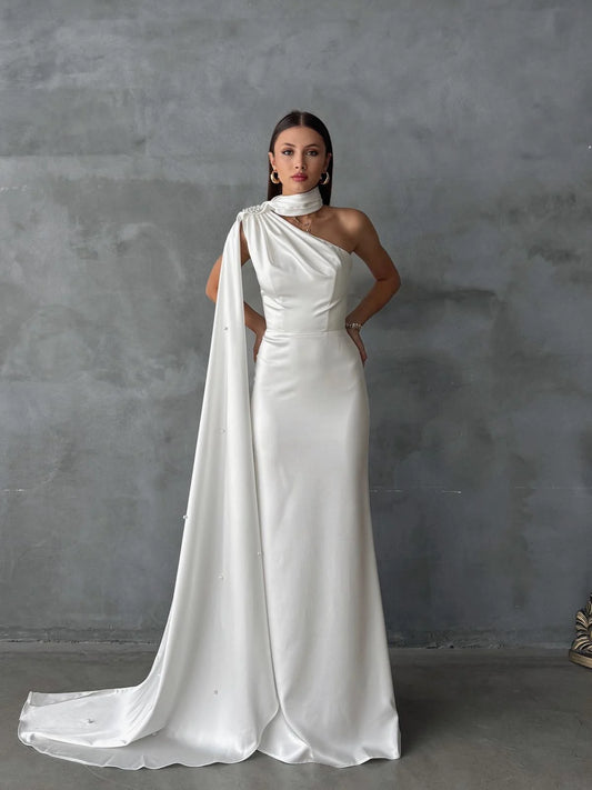 White One-Shoulder Shawl Detailed Asymmetrical Satin Evening Dress