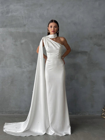 White One-Shoulder Shawl Detailed Asymmetrical Satin Evening Dress
