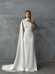 White One-Shoulder Shawl Detailed Asymmetrical Satin Evening Dress