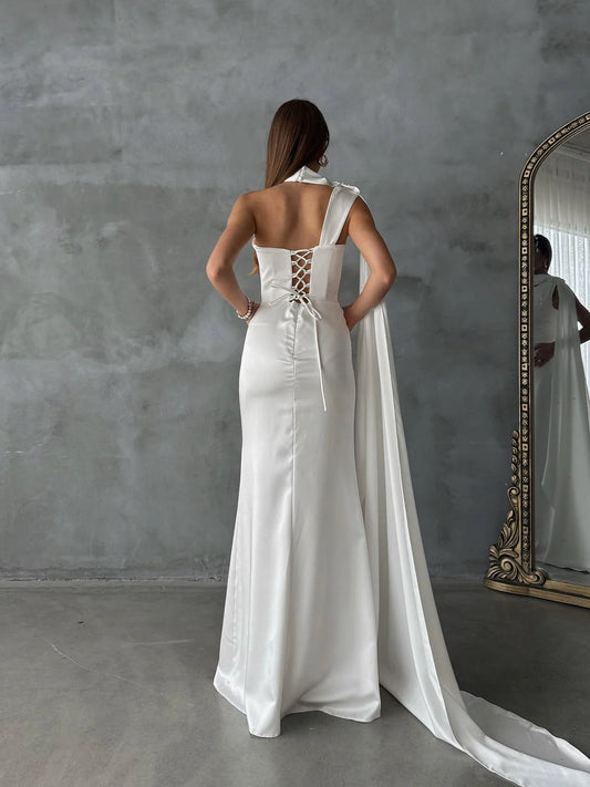 White One-Shoulder Shawl Detailed Asymmetrical Satin Evening Dress