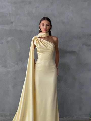 Yellow One-Shoulder Shawl Detailed Asymmetrical Satin Evening Dress