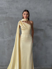 Yellow One-Shoulder Shawl Detailed Asymmetrical Satin Evening Dress