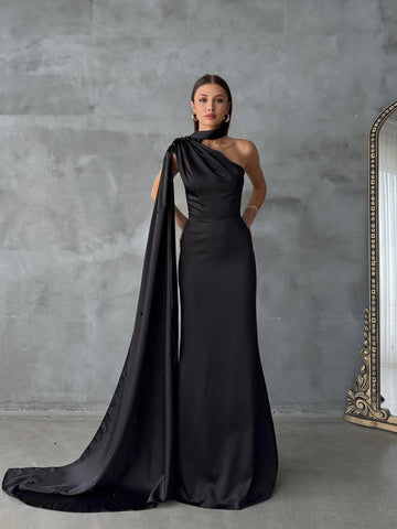 Black One-Shoulder Shawl Detailed Asymmetrical Satin Evening Dress