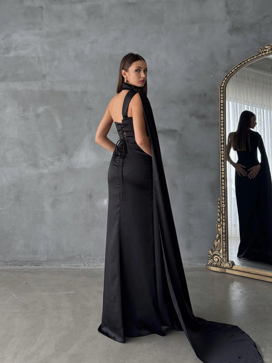 Black One-Shoulder Shawl Detailed Asymmetrical Satin Evening Dress