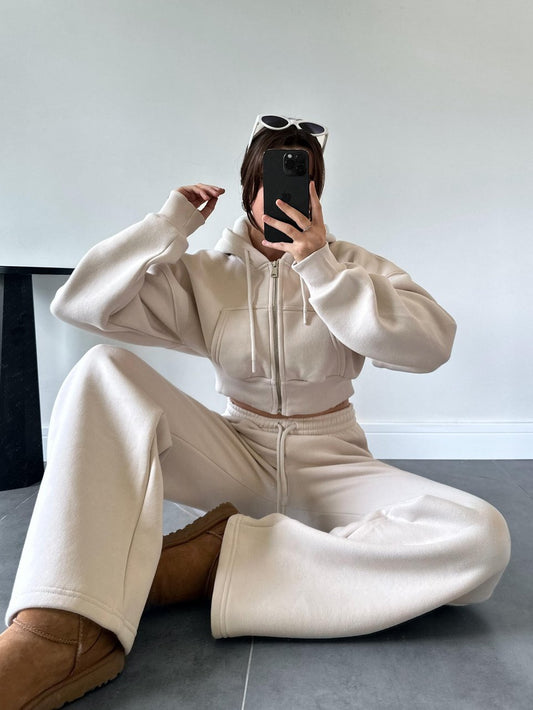 Nols Beige Crop Cardigan Tracksuit