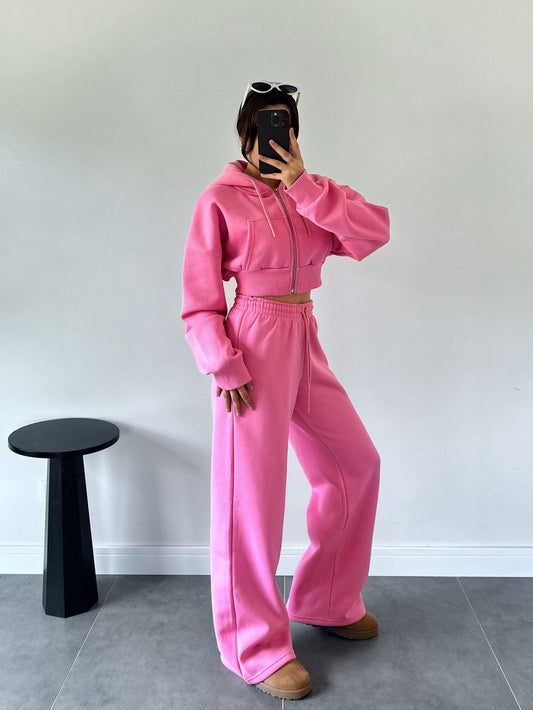 Nols Pink Crop Cardigan Tracksuit Set