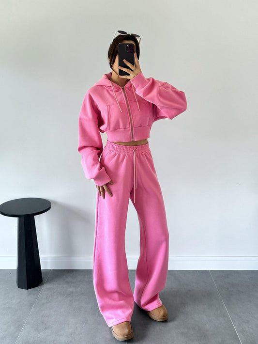 Nols Pink Crop Cardigan Tracksuit Set