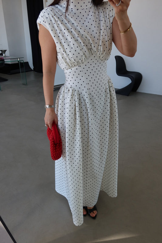 White Padded Waist-Fitted Polka Dot Dress