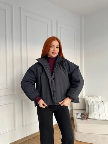 Black Stand Collar Long Back Coat Jacket