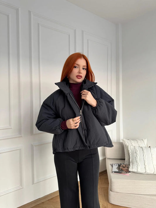 Black Stand Collar Long Back Coat Jacket