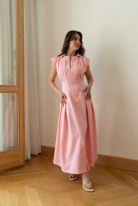 Pink Polo Collar Front Zip Pleated Dress