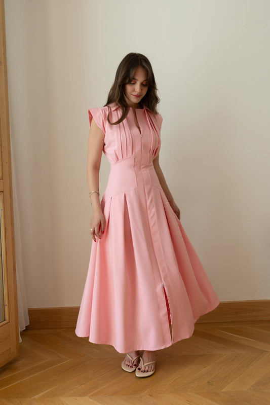 Pink Polo Collar Front Zip Pleated Dress