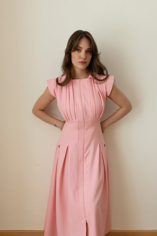 Pink Polo Collar Front Zip Pleated Dress