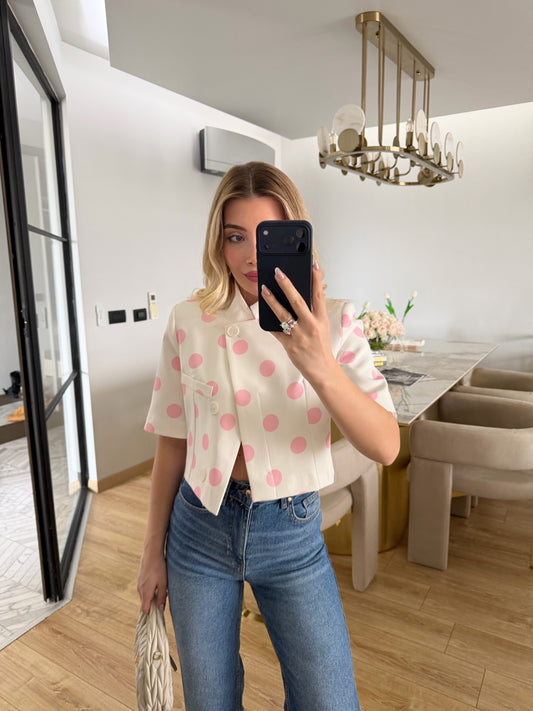 Pink Polka Dot Short-Sleeved Crop Jacket