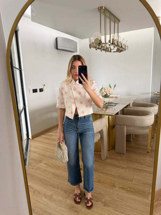 Pink Polka Dot Short-Sleeved Crop Jacket