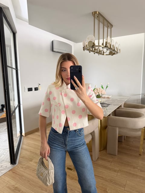 Pink Polka Dot Short-Sleeved Crop Jacket