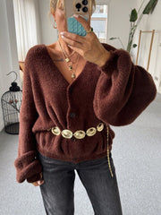 BROWN SOFT TEXTURED V-NECK CARDIGAN