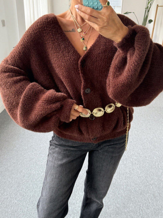 BROWN SOFT TEXTURED V-NECK CARDIGAN
