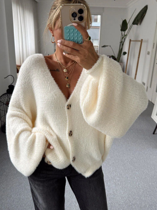 ECRU SOFT TEXTURED V-NECK CARDIGAN