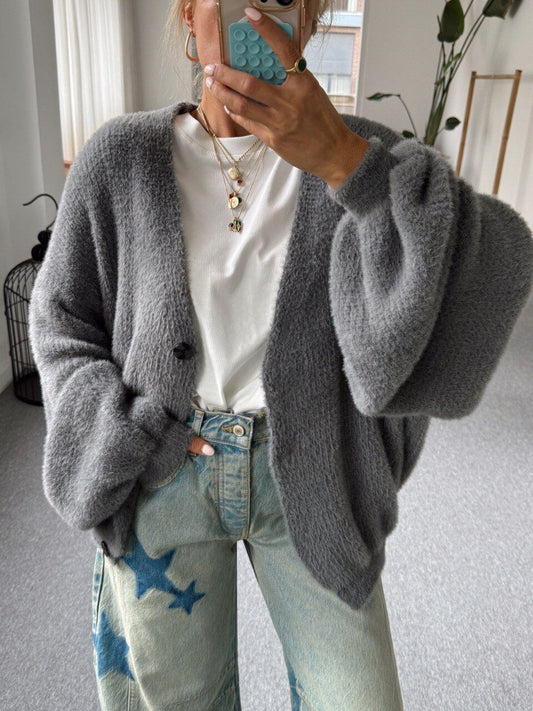 SMOKED SOFT TEXTURED V-NECK CARDIGAN